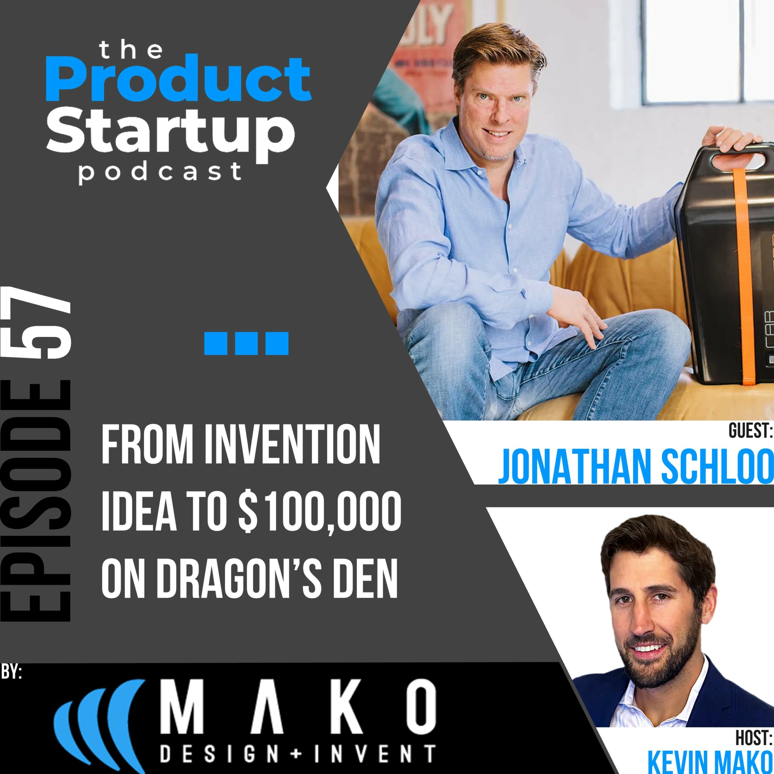 Podcast cover for Episode 57 about from Invention Idea to $100,000 on Dragon's Den