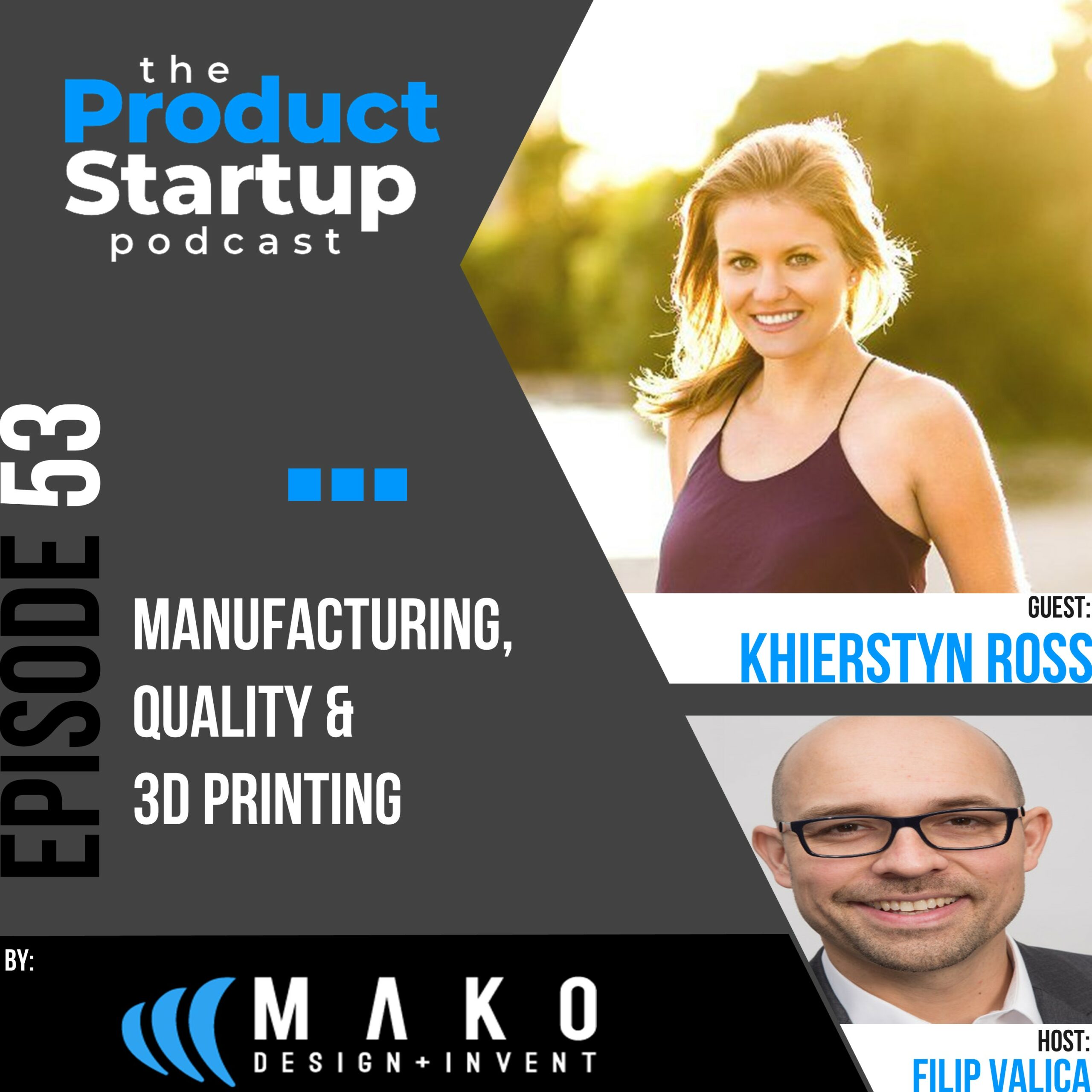 Podcast cover for Episode 53 about manufacturing, Quality Assurance, and 3D Printing